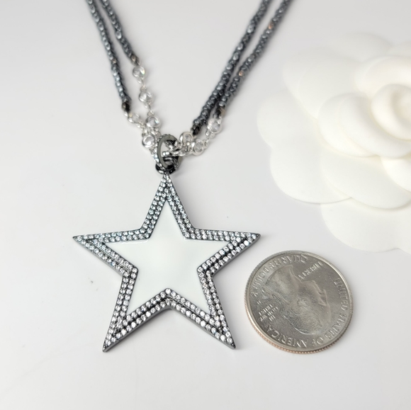 White Enamel Star Pave CZ long Hematite Necklace - Picture 9 of 11